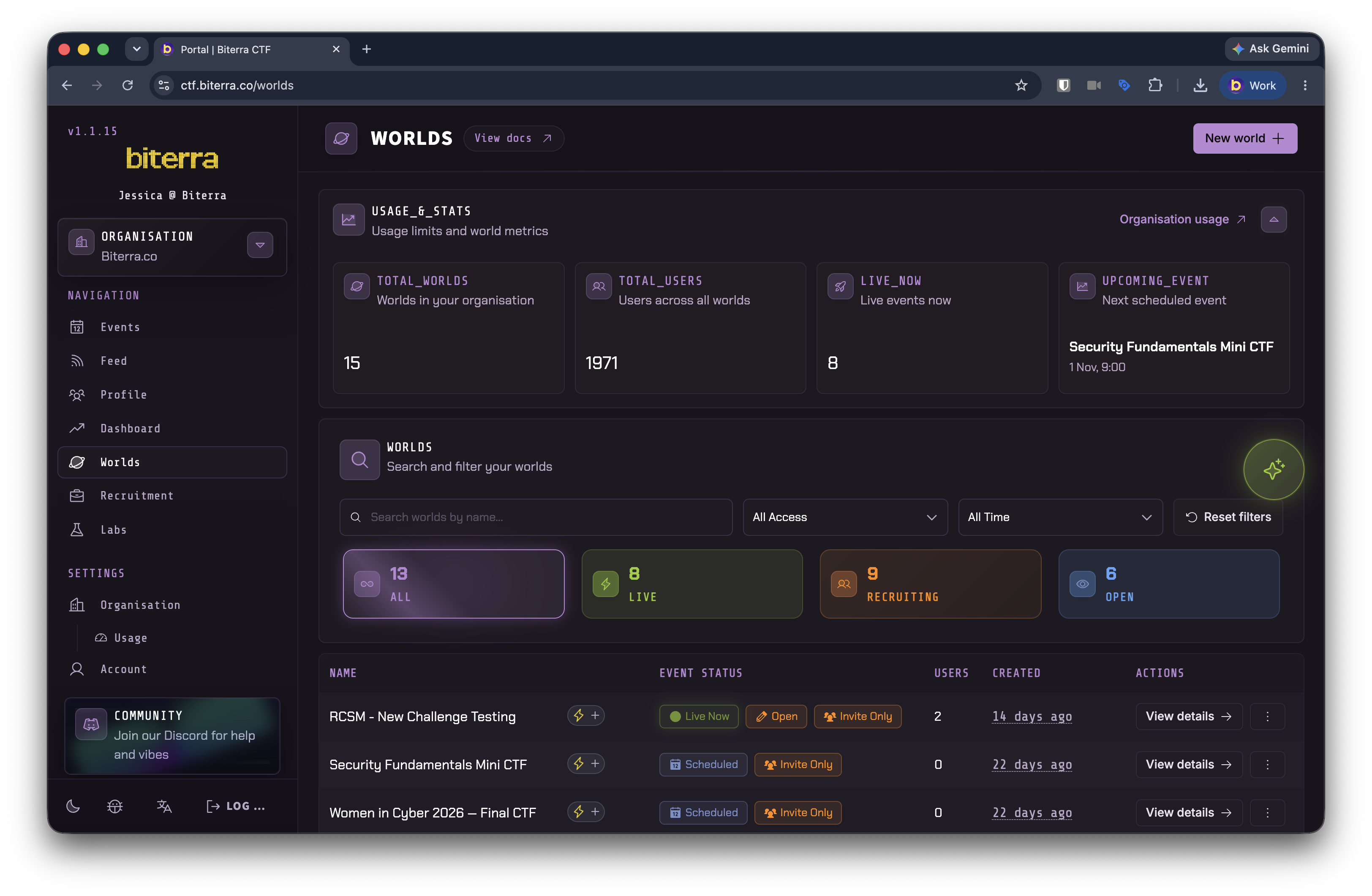 Biterra organiser dashboard showing worlds, activity, and event controls